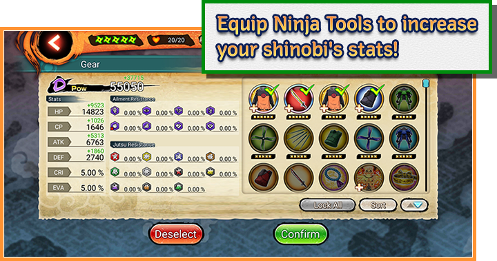Equip Ninja Tools to increase your shinobi's stats!