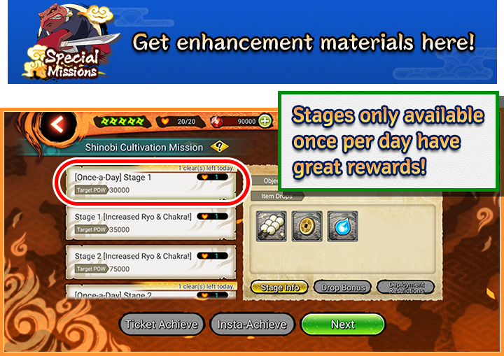 Get enhancement materials here! Stages only available once per day have great rewards!